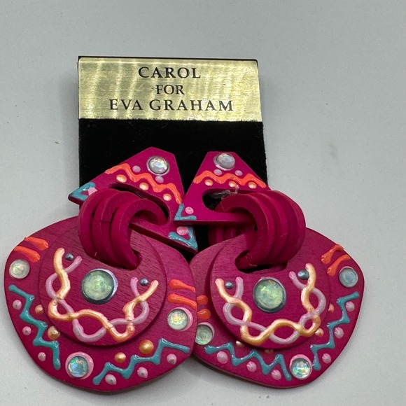 Jewelry - Vintage Carol For Eva Graham Clip On Earrings Large Dangle Bright Pink Geometric